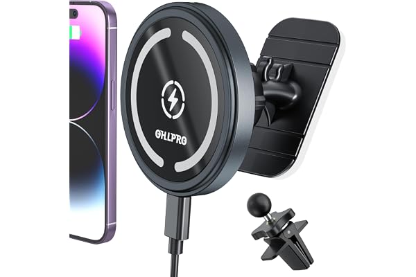 OHLPRO Support Téléphone Voiture Magnétique avec Charge sans Fil Induction, Compatible avec MagSafe iPhone 17 16 15 14 13 Pro Max, Fixation Grille d'Aération et Tableau de Bord, Alliage d'Aluminium