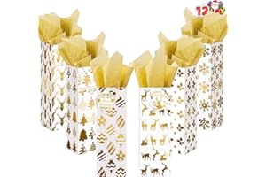 JOYIN 12 PCS Christmas Wine Bottle Bags Gold Foil with Tissue Paper and Name Tags 6 Print Designs for Winter Holiday Xmas Gift Party Favor Decoration, Liquor Lovers and Drinkers Gift Presents