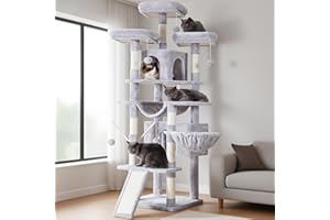 Hey-brother Drapak duży, 180 cm XXL Drzewo dla kotów, Drapak dla dużych kotów stabilny z liną sizalową, duża deska do drapania, kosz, 3 platformy i 2 domki, jasnoszary EMPJ034W