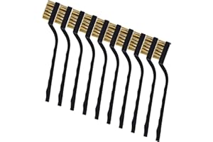 TOPSPEEDER Set di 10 mini spazzole metalliche in ottone, con manico curvo e setole metalliche per la pulizia di saldature e ruggine, Ottone.