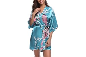 Migcaput Bademantel Damen Kurz mit Gürtel Kimono Robe Morgenmantel Sexy V-Ausschnitt Leicht Seide Satin Pyjama Strandkimonos Nachtwäsche mit Pfau Muster