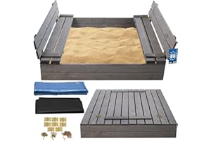 KOTARBAU® Sandpit with Cover, Sandpit Wood, 120 x 120 cm, Impregnated with Benches, Grey Wooden Sandpit, Sand Box with Lid, Wooden Sand Box with Covers