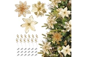 Hobyhoon 30pcs Poinsettia Christmas Decorations,3 kinds Christmas Tree Flowers,Gold Poinsettia Artificial Glitter Flowers for Home DIY Xmas Wreath Holiday Party(Gold)