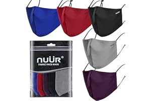 NUÜR Ladies & Men’s 100% Cotton Breathable Face Mask 5-Pack in 5 Colours, Adjustable Ear Loops, 3-Layer Protection, Soft, Machine Washable, Durable for Everyday Use