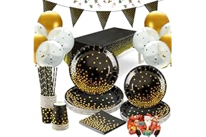 HOMBASING Assiette 162 Pcs, 30 Invités Kit Vaisselle Anniversaire Fille Garcon, pour Mariage Anniversaire Bebe Shower Pique-niques et Fêtes,Respectueux de L'environnement Assiette,Or Noir