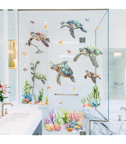 Lot De 12 Autocollants Muraux Tortues De Mer Imperméables En Vinyle – Décoration Océan Bleu Vert Pour Salle De Bain, Chambre Enfant, Bureau Ou Toilettes (Tailles Variées)
