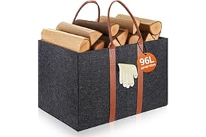 TOBWOLF 96L Firewood Basket, 60 X 40 X 40 CM Heavy Duty Felt Wood Basket for Wood Storage, XXL Extra Large Log Basket, Wood Carrying Bag with Handles for Fireplace Stove Accessories