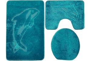 Ilkadim Delphin Badgarnitur 3 tlg. Set 55x85 cm einfarbig, WC Vorleger mit Ausschnitt für Stand-WC (petrol hell)