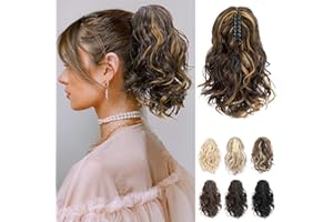 REECHO Ponytail Extension, Haarklammer in Pferdeschwanzverlängerung kurzer lockiger Pferdeschwanz natürlich gewelltes Pferdeschwanz Haarteil für Frauen – Schokoladenbraun mit goldenen Highlights