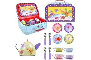 SOKA PLAY IMAGINE LEARN SOKA Little Bugs Metal Tin Teapot Set with Carry Case Toy for Kids - 18 Pcs Illustrated Colourful Design Toy Tea Party Set for Boys and Girls Pretend Role Play