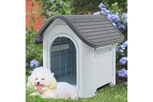 [en.casa] Outdoor Bello Dog Kennel Weatherproof Dog House with Ventilation Slits 75 x 59 x 66 cm Small Animal House Raised Base Plastic White/Grey