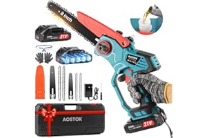 AOSTOK Mini Motosierra Bateria 4000mAh, 6 pulgadas y 8 pulgadas Motosierra Inalámbrica Portátil con Depósito Para El Aceite y 2 Baterías de 2.0Ah, Mini Motosierra Eléctrica para Podar Árboles de Jardinería