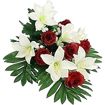 4 Mazzi Di Rose Artificiali Per Cimitero - Fiori Finti In Seta E Plastica Arancioni, 30 Cm, Per Decorazione Tomba