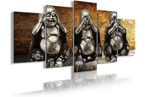 DekoArte 186 - Cuadros Modernos Impresión de Imagen Artística Digitalizada | Lienzo Decorativo Para Tu Salón o Dormitorio | Estilo Zen 3 Budas Ver Oír y Callar Fondo De Madera | 5 Piezas 200x100cm XXL