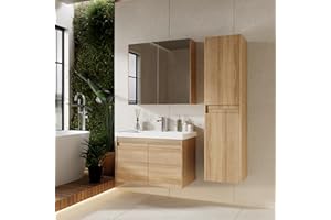 KAREN banyo Badmöbel Set 3 teilig City 80 cm | Waschbecken | Spiegelschrank | Unterschrank | Sonoma Eiche | Softclose-Türen & unsichtbare Griffe | Natürlicher Stil| Badezimmermöbel Waschtisch Holz