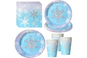 PYAILI 52 Stück Schneeflocken Partygeschirr, Partygeschirr Geburtstag Party Set Tassen Servietten Tischdecken Schnee Geburtstag Deko,Geeignet für Neujahr Hochzeit Winter Party Dekoration-16 Gäste