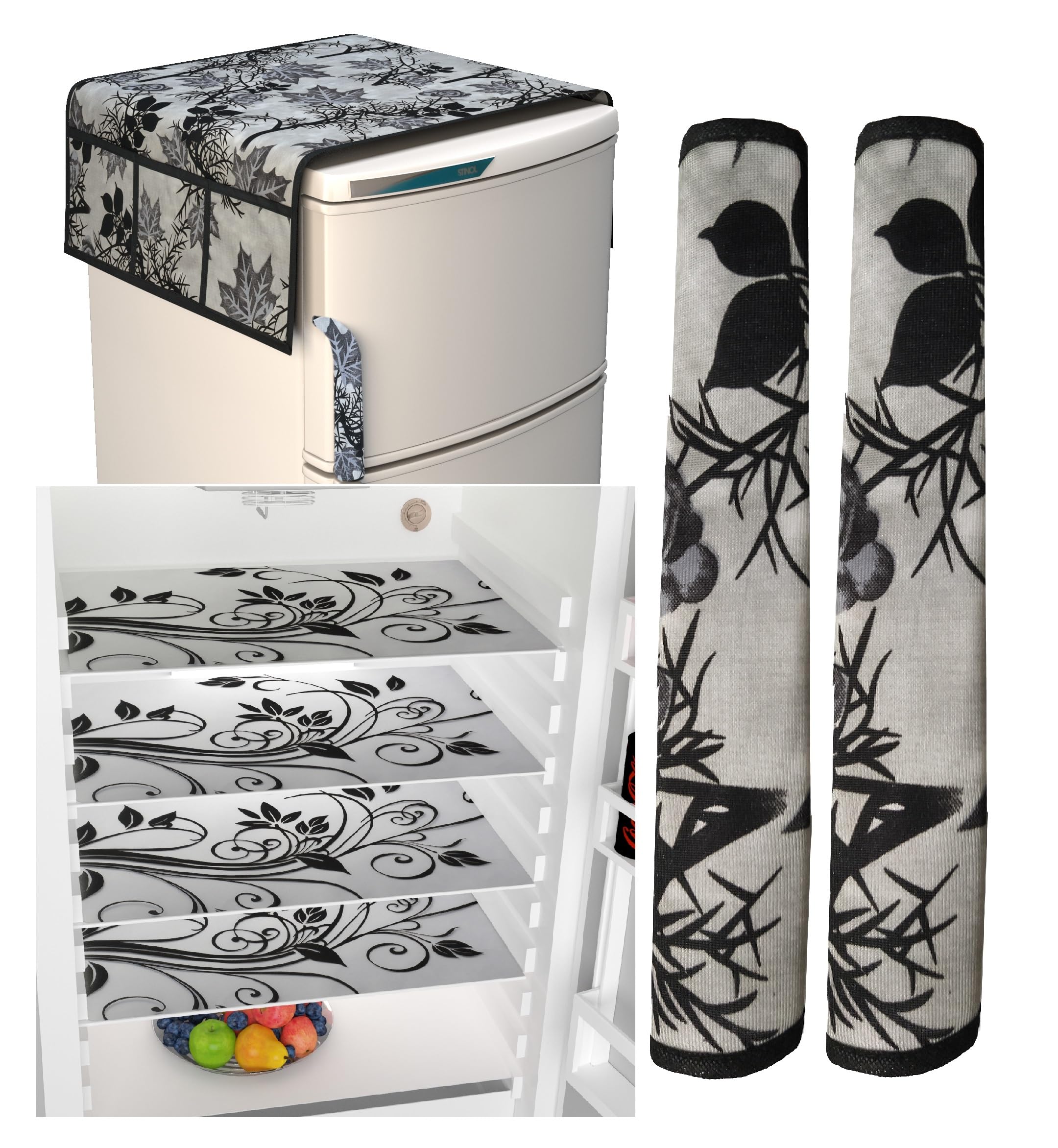 Factcore Kitchen Combo Fridge Top Cover, 2 Piece Fridge Handle Cover, 4 Pcs Fridge Mats, (Set of 7 Piece) BLACK-BRANCH-142)