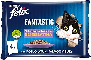 FELIX Fantastic, Comida Húmeda para Gato Adulto, Gelatina, Surtido de Buey, Salmón, Pollo y Atún, 12 Packs de 4 Sobres de 85 g. (48 Sobres)