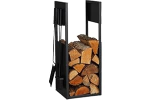 Relaxdays Range-bûches avec Couverts, métal, HxLxP: 76,5x36x30 cm, Support intérieur pour Bois de Chauffage, Noir