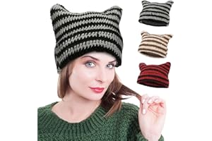 CREAHER Winter Cat Ears Hat Knitted Cap Striped Knit Beanie Hat 1Piece, Trendy Winter Warm Crochet Cap Vintage Crochet Hats for Causal Home Office School Hiking
