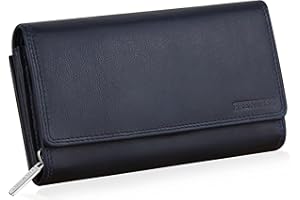 Frentree® Damen Geldbörse aus echtem Nappaleder, großes Leder Portemonnaie mit RFID-Schutz, weiches Echtleder Portmonee, viele Fächer, Navy