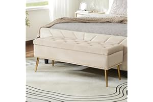 HULALA HOME Modern Velvet Storage Bench Box Ottoman with Gold Base & Nailhead Trim, Upholstered Bedroom Bench for End of Bed, Button-Tufted Footstool for Entryway Living Room Dining Room, Tan