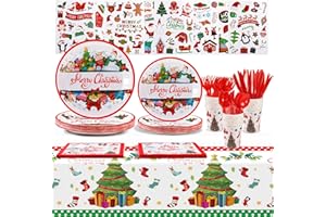 AIPartywar 149 Piezas Vajilla Desechable para Fiestas de Navidad Colores Festivos, Papá Noel y Renos, 20 Platos de Papel, 20 Vasos, 20 Servilletas, Decoración Fiesta Navidad para Niños Adultos