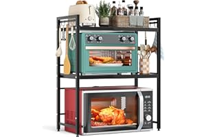 NETEL etagere micro onde cuisine rangement extensible, support pour micro-ondes à 3 niveaux, étagère plan travail pour microwave, support pour four, microwave oven storage rack avec 8 Crochets, Noir