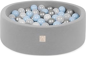 MISIOO Smart Piscine a Balle pour Bébé - Piscine pour la Chambre des Enfants - Piscine à Balles Bébé- 150 Balles - Lavable en Machine - Oeko-Tex - 90 x 30 cm- Gris Clair- Bleu/Blanc/Argent