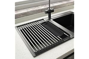 GOOPOOL Escurreplatos Acero Inoxidable sobre Fregadero Secador de Rollos de Acero Inoxidable Plegable y Extraíble Cesta de Malla de Drenaje Red 43CM*32.5CM Negro