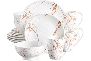 LOVECASA 'Daphne', 16 Pieces Porcelain Dinner Set Color Glaze with Gold Plate Crockery Set Kitchen Dinnerware Set with Dinner Plates, Dessert Plate, Bowls and Mugs, Service for 4, White