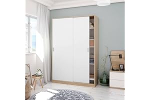 Dmora - Guardaroba 2 ante Waterbury, Armadio per camera da letto, Mobile con 4 ripiani e barra appendiabiti, 120x50h200 cm, Rovere e Bianco