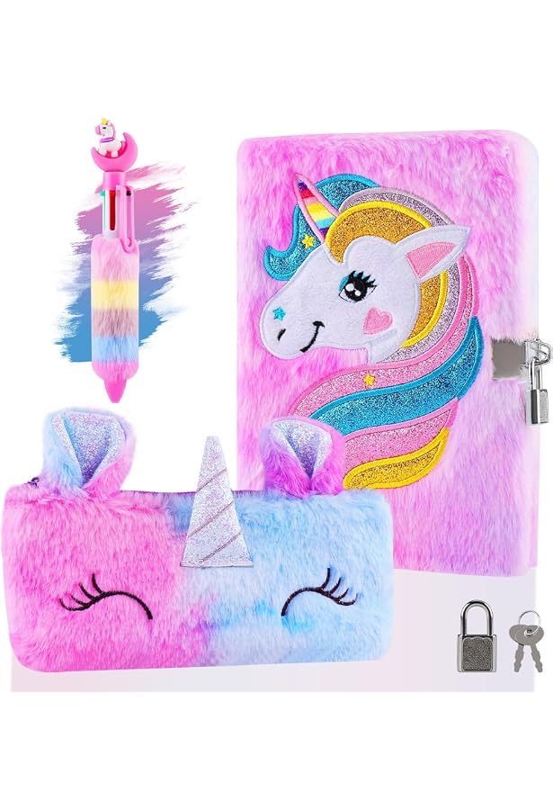 Lot De 4 Journaux Intimes Licorne Avec Cadenas - Carnet Peluche, Stylo, Autocollants, 160 Pages A5