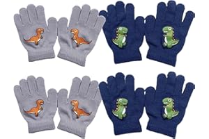 EUPSIIU 4 Pares Guantes de Estiramiento Mágico, Guantes de Invierno de Punto Unisex, Guantes Térmicos Dedos Completos Guantes, Guantes para Niños Dinosaurios, 6 x 2,36 Pulgadas