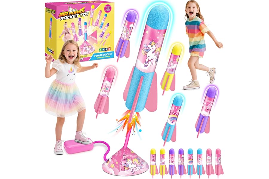 Anginne Unicorn Jump Rocket Toy for Kids 3-12, 8 Foam Rockets Outdoor Space Toys Garden Game, Jump to Launch Air Blaster Toy for Girls Age 3 4 5 6 7 8-12 Birthday Presents