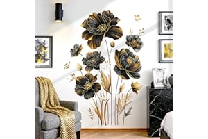 decalmile Adesivi Murali Grande Oro e Nero Fiori Adesivi da Parete Fiore Farfalle Floreali Erba Decorazione Murale Camera da Letto Soggiorno Cucina
