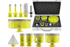 SANLEETEK Punte per Trapano Diamantate - 11pezzi(6/6/8/25/35/50/68/110mm+20mmFresa Diamantata+50mmPunta Smusso+Adattatore) per Piastrelle di Ceramica Porcellana Marmo Granito M14 Filettatura