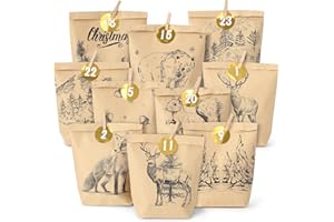 FULASOFIA 2025 Adventskalender zum Befüllen, 24 Adventskalender Tüten zum Basteln für Kinder und Erwachsene, Weihnachtskalender Selber Befüllen mit Zahlenaufkleber und Holzklemme, Motiv Cozy Winter Schwarz