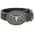 WHIPPY Mens Cowboy Belt Western Belts for Men Women with Engraved Floral Bull Head Buckle Western Leather Buckle Belt for Jeans