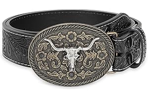 WHIPPY Mens Cowboy Belt Western Belts for Men Women with Engraved Floral Bull Head Buckle Western Leather Buckle Belt for Jeans