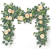 SOMYTING 2Pcs 13.1ft Artificial Eucalyptus Flower Garlands with Fake Roses Eucalyptus Leaves Greenery Garland for Wedding Bac