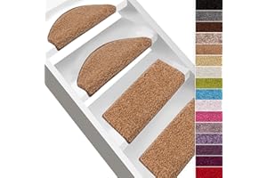 FLODI. Barcelona Deep Pile Stair Tread Mats, Set of 15 Pieces, Shaggy Carpet Stair Mats, Anti Slip Self Adhesive Carpet Runner Pads (Light Brown, Semicircular - 23 x 65 cm)