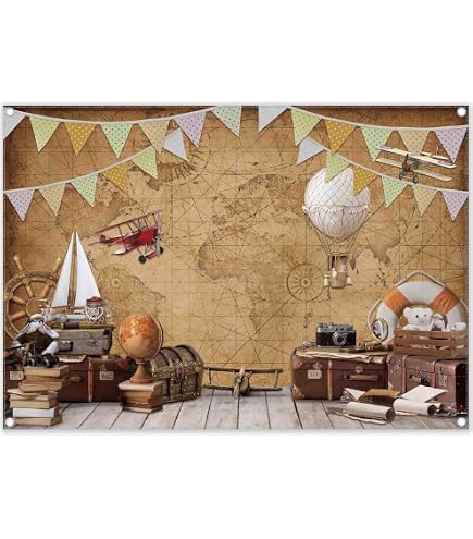Telón De Fondo De Mapa Del Mundo Con Globo Y Avión – 2.1x1.5m, Poliéster, Para Cumpleaños, Viajes Y Despedidas
