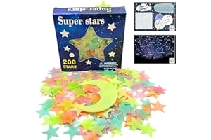 LOOCID BUY FROM HOME 200 Estrellas Fluorescentes para techo 3D Premium con Hoja Educativa Interactiva de Constelaciones. Brillo extra intenso. Decoración Infantil Para Pared y Techo. Estrellas que Brillan en la Oscuridad.