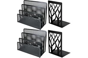 AMZMUKAUP 2 Stück Schreibtisch Organizer, Briefständer mit 3 Fächern Schreibtisch Ordner Organizer Briefhalter Metall Zeitschriftenständer Buchständer für Schule und Büro mit 1Paar Buchstützen