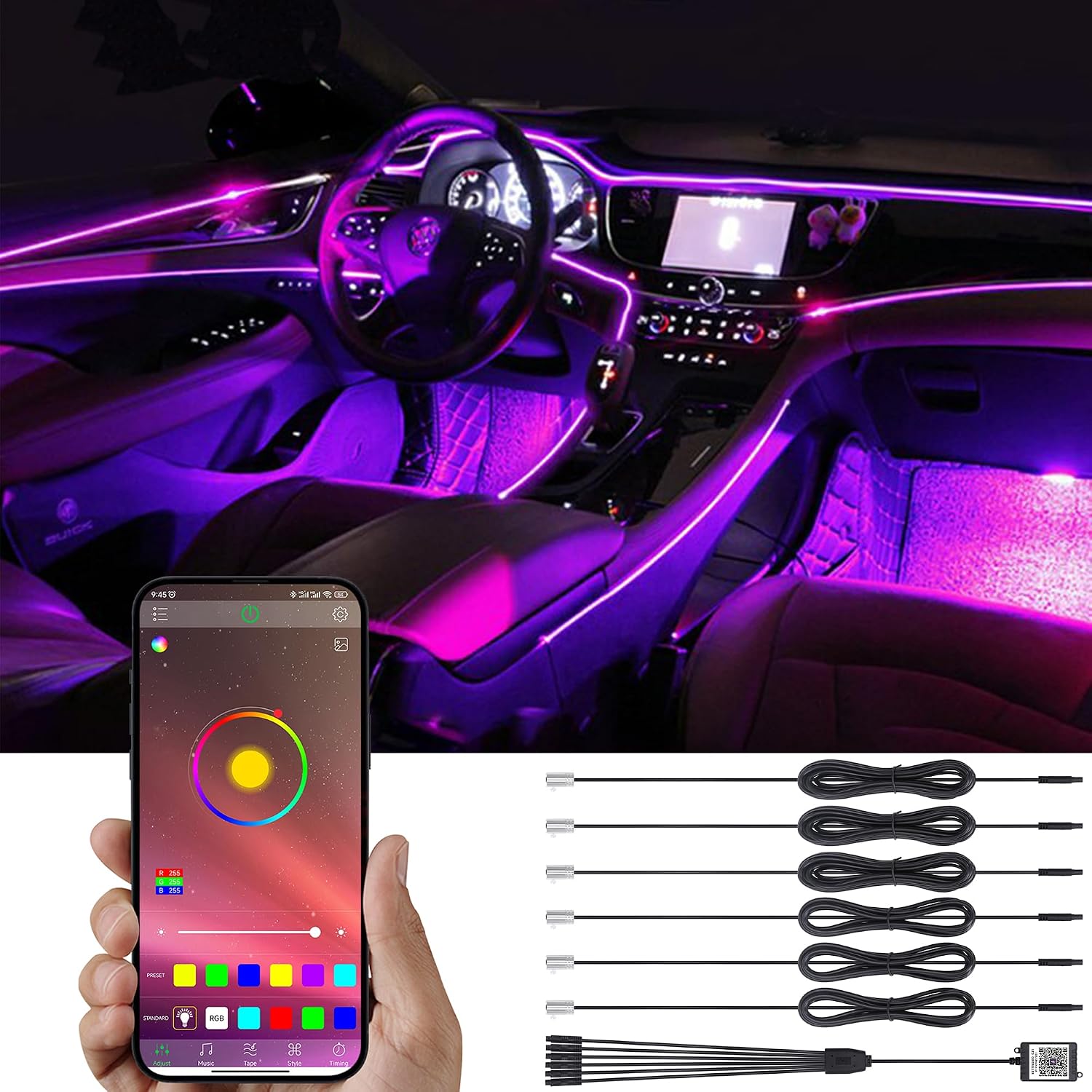 TABEN - Kit de iluminación LED para Interior de Coche con 8 Colores, Impermeable, Ambiente Interior neón Tira de Luces para Coche 1 W CC 12 V (1 Juego)