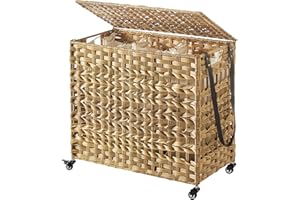 SONGMICS Kosz na pranie, ręcznie pleciony, z polirattanu, z 3 przegródkami, pokrywką i uchwytami, wyjmowane kieszenie, do salonu, sypialni, pralni, kolor naturalny LCB083N01