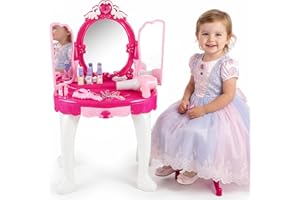 Kinderplay Tocador Niña Rosa con Varita Mágica - Tocador de Maquillaje Niña, Tocador Infantil con Conexión MP3, con Accesorios Espejo con Luz para Niños, KP8846
