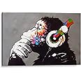 PRINTROY, Thinking Monkey Headphones Dj Monkey Canvas Wall Art Print by Banksy, Street Art Graffiti Framed Prints Artwork Home Decor Ready To Hang 76X51 cm (30"X20")