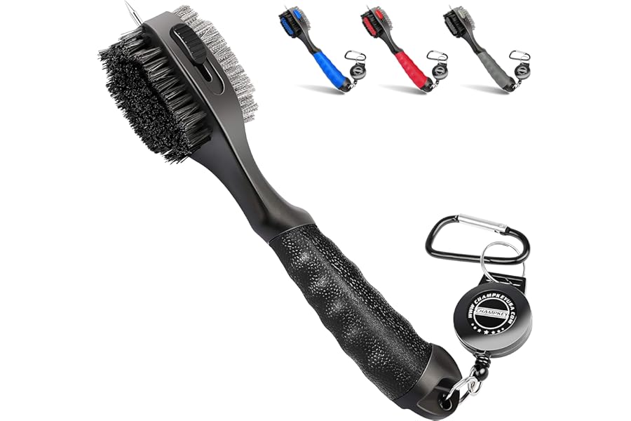 Champkey PRO Retractable Golf Club Brush - Oversized Head with Soft Rubber Hand Grip & Retractable Groove Cleaner (Black)